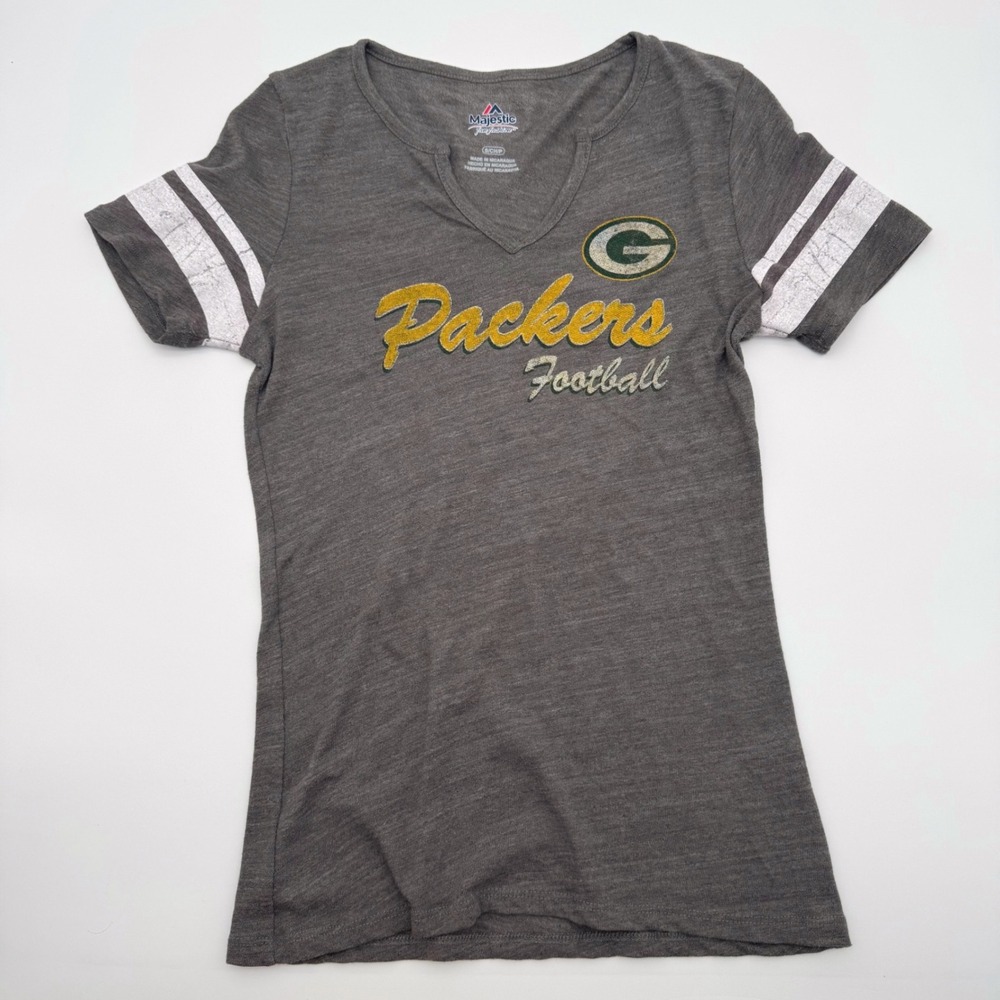 Majestic Green Bay Packers T-Shirt Womens Small Gray V-Neck Football